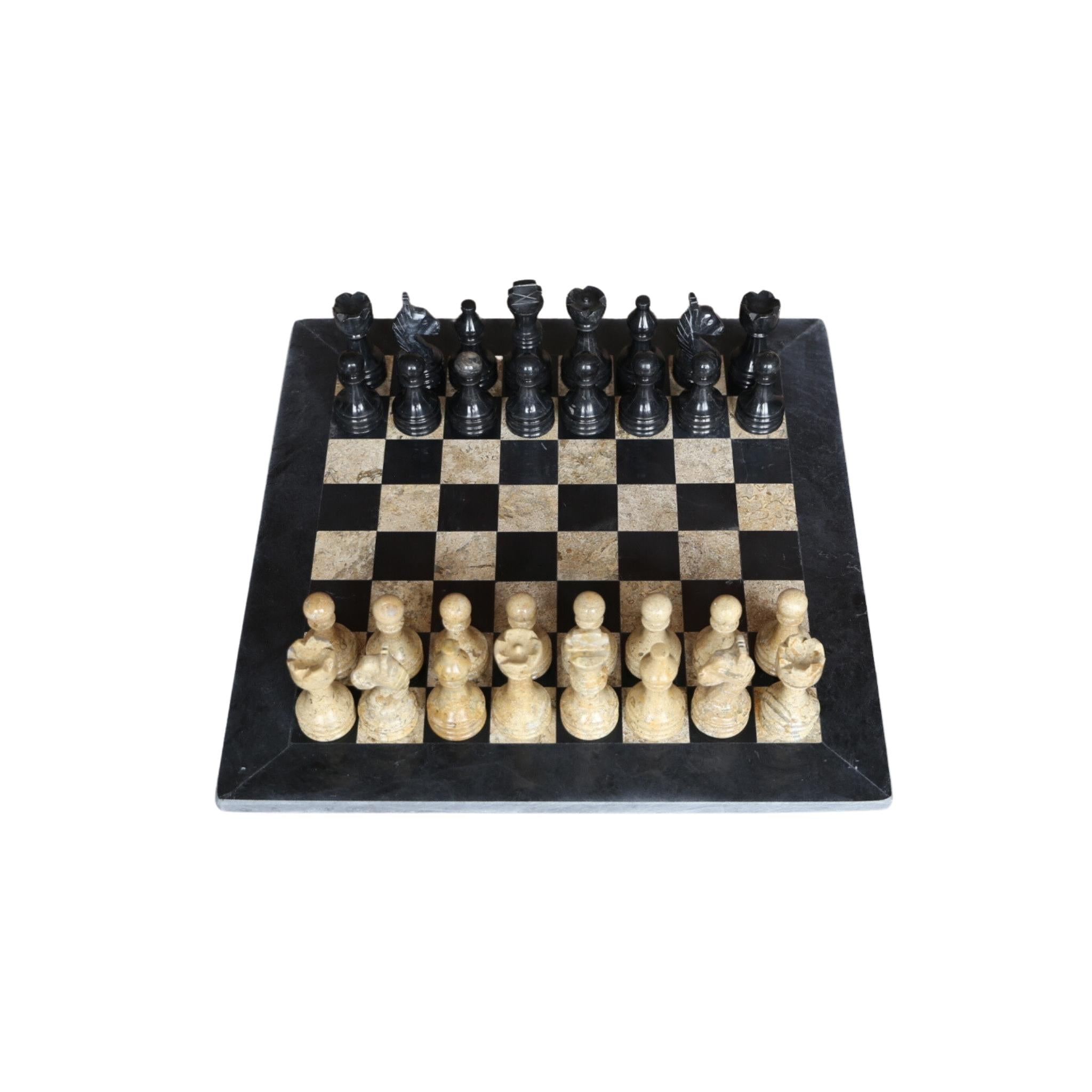 Fossil and Black Marble Handmade Chess Set 12'