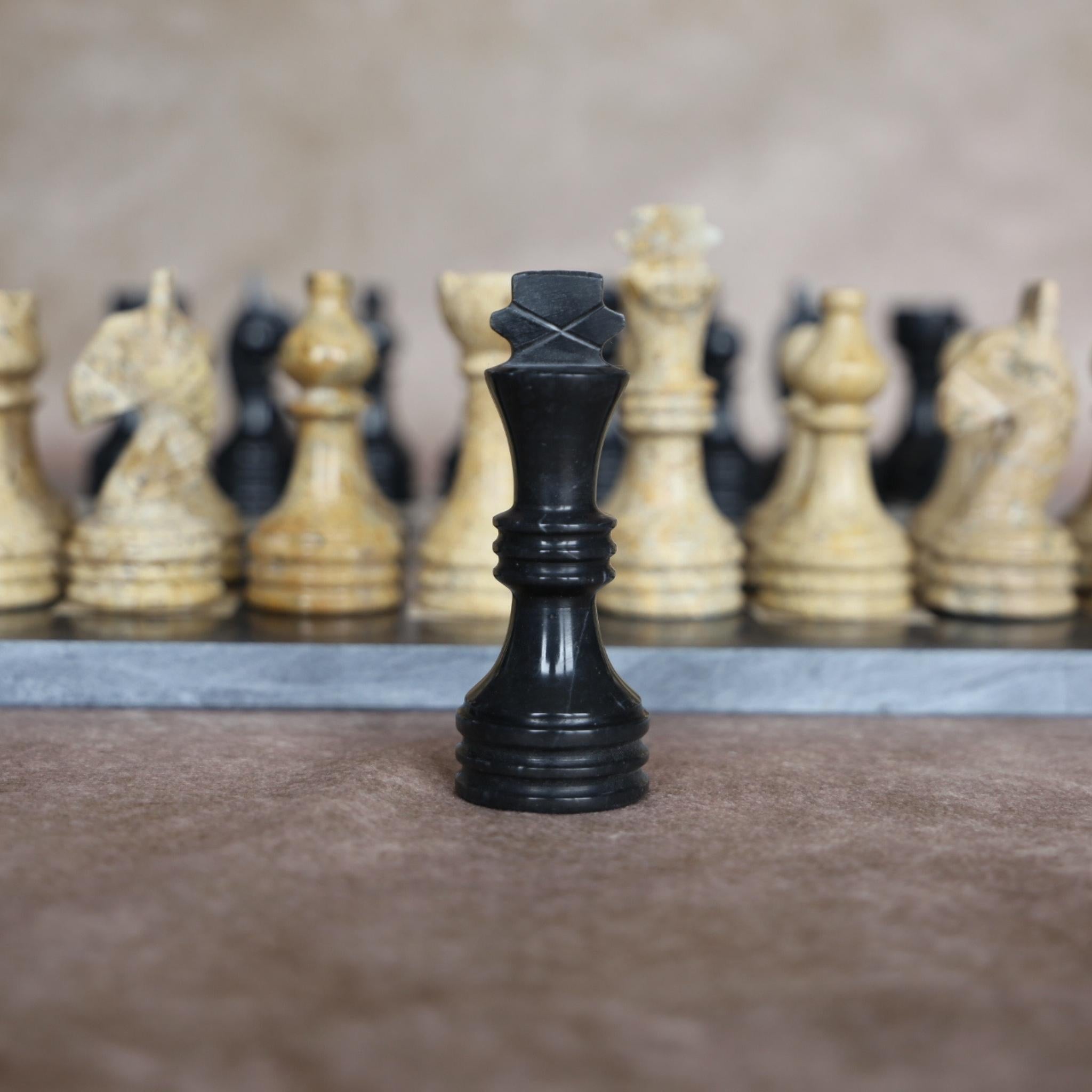 Fossil and Black Marble Handmade Chess Set 12'