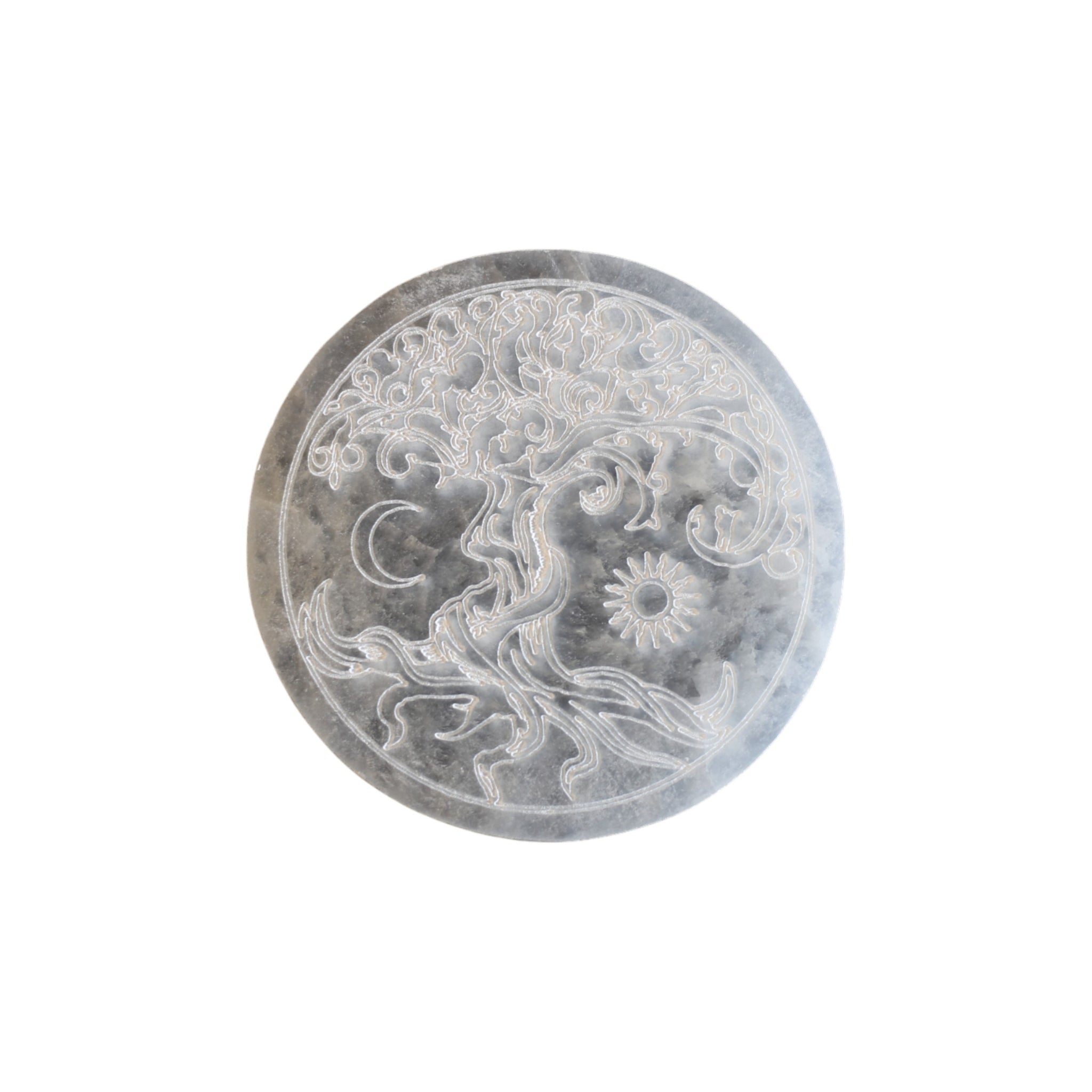 Selenite round engraved disc - Tree of life