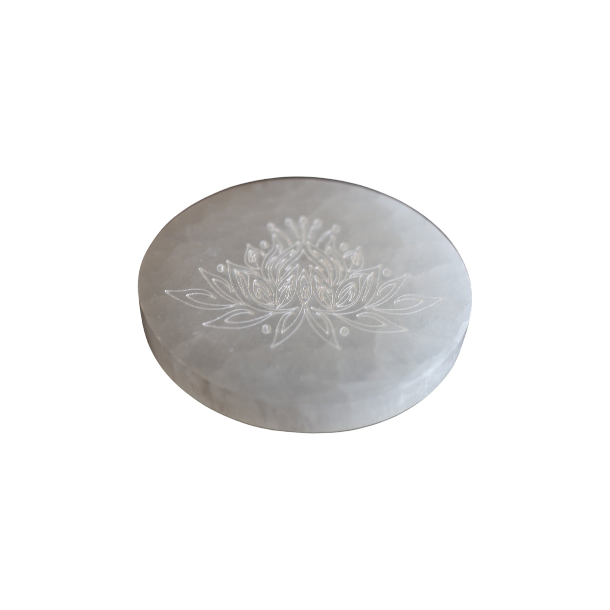 Selenite round engraved charging disc - Lotus Mandala