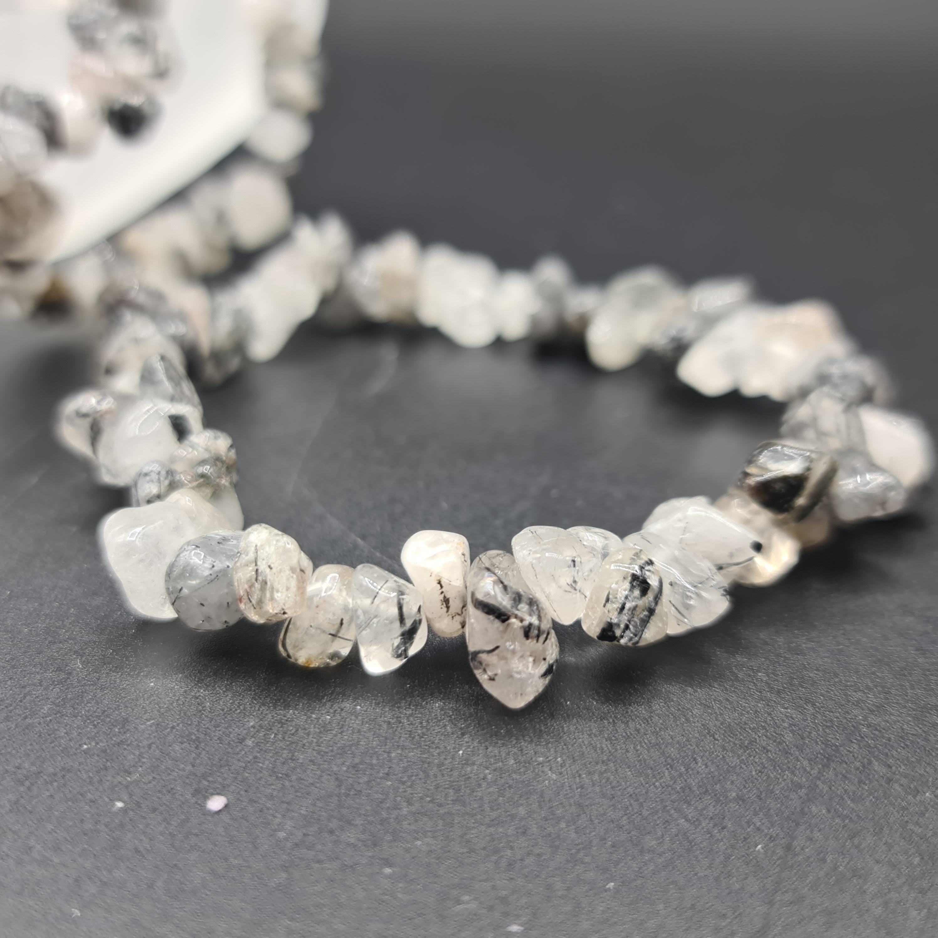 Tourmalinated Quartz Crystal Chip Bracelet, Tourmalinated Crystal Elasticated Bracelet, Tormaline Genuine Bracelet Healing Crystal, Tourmalinated